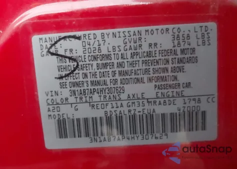 2017 Nissan Sentra Sr из США, поврежденный, VIN 3N1AB7AP4HY307629